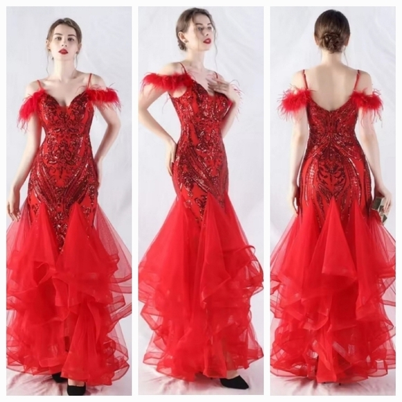 Red, Abstract Print,  V Neck, Ostrich Feather,  Sequined Mermaid Gown - Picture 1 of 14